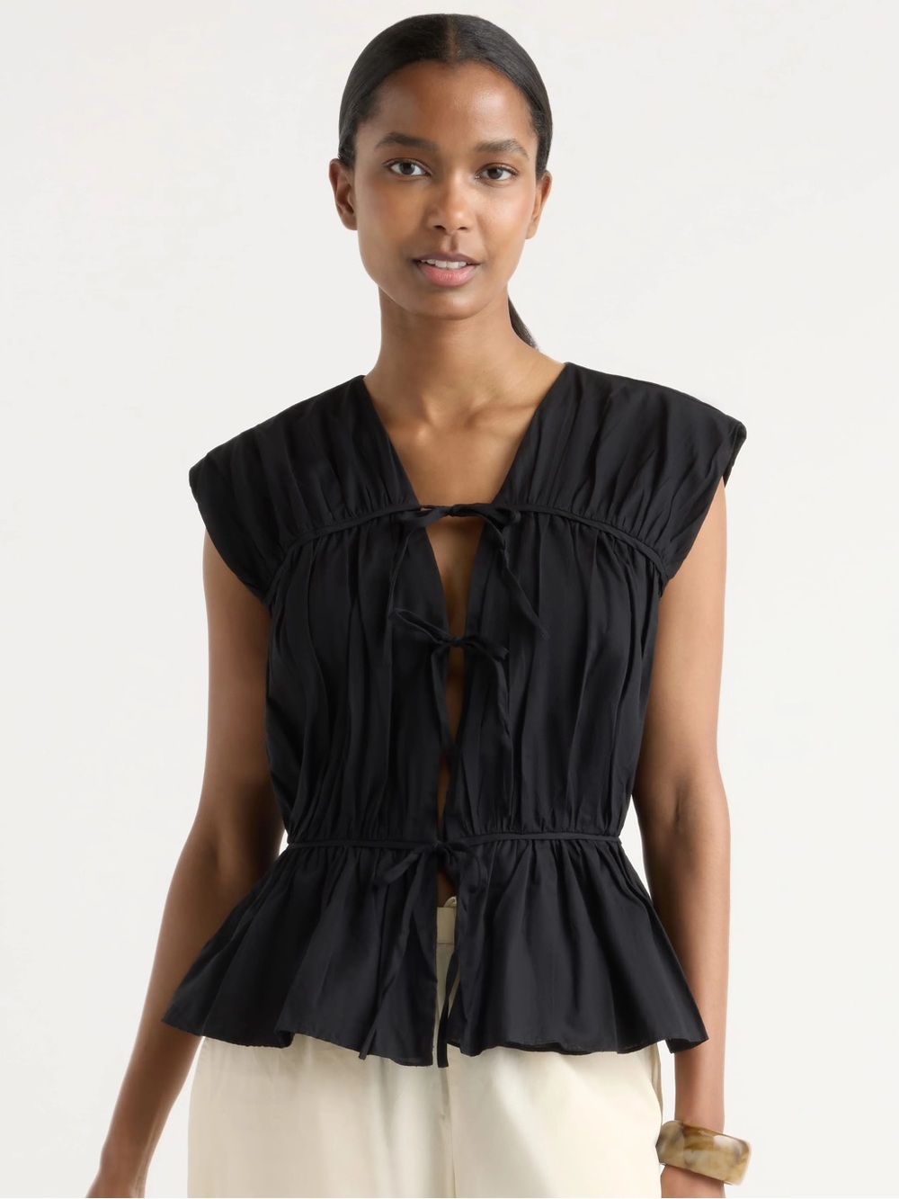 Modern Citizen Norah Tie-Front Organic Cotton Blouse Black Sleeveless Medium